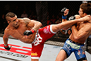 JARAGUA DO SUL, BRAZIL - MAY 18: (L-R) Vitor Belfort knocks out Luke Rockhold with a spinning heel kick in their middleweight bout during the UFC on FX event on May 18, 2013 at Arena Jaragua in Jaragua do Sul, Santa Catarina, Brazil. (Photo by Josh Hedges/Zuffa LLC/Zuffa LLC via Getty Images)
