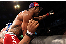 JARAGUA DO SUL, BRAZIL - MAY 18: Vitor Belfort reacts after knocking out Luke Rockhold in their middleweight bout during the UFC on FX event on May 18, 2013 at Arena Jaragua in Jaragua do Sul, Santa Catarina, Brazil. (Photo by Josh Hedges/Zuffa LLC/Zuffa LLC via Getty Images)