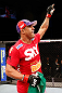 JARAGUA DO SUL, BRAZIL - MAY 18: Vitor Belfort reacts after knocking out Luke Rockhold in their middleweight bout during the UFC on FX event on May 18, 2013 at Arena Jaragua in Jaragua do Sul, Santa Catarina, Brazil. (Photo by Josh Hedges/Zuffa LLC/Zuffa LLC via Getty Images)