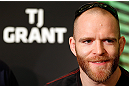 LAS VEGAS, NV - MAY 23:   T.J. Grant interacts with media during the UFC 160 Ultimate Media Day at the MGM Grand Hotel/Casino on May 23, 2013 in Las Vegas, Nevada.  (Photo by Josh Hedges/Zuffa LLC/Zuffa LLC via Getty Images)