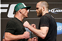 LAS VEGAS, NV - MAY 23:   (L-R) Opponents Gray Maynard and T.J. Grant face off during the UFC 160 Ultimate Media Day at the MGM Grand Hotel/Casino on May 23, 2013 in Las Vegas, Nevada.  (Photo by Josh Hedges/Zuffa LLC/Zuffa LLC via Getty Images)