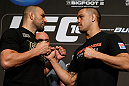 LAS VEGAS, NV - MAY 23:   (L-R) Opponents Glover Teixeira and James Te-Huna face off during the UFC 160 Ultimate Media Day at the MGM Grand Hotel/Casino on May 23, 2013 in Las Vegas, Nevada.  (Photo by Josh Hedges/Zuffa LLC/Zuffa LLC via Getty Images)