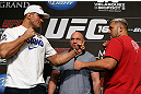 LAS VEGAS, NV - MAY 23:   (L-R) Opponents Junior "Cigano" dos Santos and Mark Hunt face off during the UFC 160 Ultimate Media Day at the MGM Grand Hotel/Casino on May 23, 2013 in Las Vegas, Nevada.  (Photo by Josh Hedges/Zuffa LLC/Zuffa LLC via Getty Images)