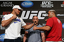 LAS VEGAS, NV - MAY 23:   (L-R) Opponents Junior "Cigano" dos Santos and Mark Hunt face off during the UFC 160 Ultimate Media Day at the MGM Grand Hotel/Casino on May 23, 2013 in Las Vegas, Nevada.  (Photo by Josh Hedges/Zuffa LLC/Zuffa LLC via Getty Images)