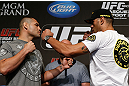 LAS VEGAS, NV - MAY 23:   (L-R) Opponents Cain Velasquez and Antonio "Bigfoot" Silva face off during the UFC 160 Ultimate Media Day at the MGM Grand Hotel/Casino on May 23, 2013 in Las Vegas, Nevada.  (Photo by Josh Hedges/Zuffa LLC/Zuffa LLC via Getty Images)