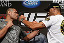 LAS VEGAS, NV - MAY 23:   (L-R) Opponents Cain Velasquez and Antonio "Bigfoot" Silva face off during the UFC 160 Ultimate Media Day at the MGM Grand Hotel/Casino on May 23, 2013 in Las Vegas, Nevada.  (Photo by Josh Hedges/Zuffa LLC/Zuffa LLC via Getty Images)