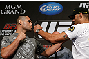LAS VEGAS, NV - MAY 23:   (L-R) Opponents Cain Velasquez and Antonio "Bigfoot" Silva face off during the UFC 160 Ultimate Media Day at the MGM Grand Hotel/Casino on May 23, 2013 in Las Vegas, Nevada.  (Photo by Josh Hedges/Zuffa LLC/Zuffa LLC via Getty Images)