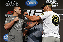 LAS VEGAS, NV - MAY 23:   (L-R) Opponents Cain Velasquez and Antonio "Bigfoot" Silva face off during the UFC 160 Ultimate Media Day at the MGM Grand Hotel/Casino on May 23, 2013 in Las Vegas, Nevada.  (Photo by Josh Hedges/Zuffa LLC/Zuffa LLC via Getty Images)
