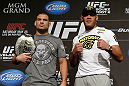 LAS VEGAS, NV - MAY 23:   (L-R) Opponents Cain Velasquez and Antonio "Bigfoot" Silva pose for photos during the UFC 160 Ultimate Media Day at the MGM Grand Hotel/Casino on May 23, 2013 in Las Vegas, Nevada.  (Photo by Josh Hedges/Zuffa LLC/Zuffa LLC via Getty Images)