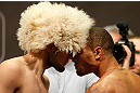 LAS VEGAS, NV - MAY 24:   (L-R) Opponents Khabib Nurmagomedov and Abel Trujillo face off during the UFC 160 weigh-in at the MGM Grand Garden Arena on May 24, 2013 in Las Vegas, Nevada.  (Photo by Josh Hedges/Zuffa LLC/Zuffa LLC via Getty Images)