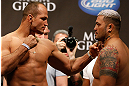 LAS VEGAS, NV - MAY 24:   (L-R) Opponents Junior "Cigano" dos Santos and Mark Hunt face off during the UFC 160 weigh-in at the MGM Grand Garden Arena on May 24, 2013 in Las Vegas, Nevada.  (Photo by Josh Hedges/Zuffa LLC/Zuffa LLC via Getty Images)