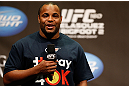 LAS VEGAS, NV - MAY 24:   UFC heavyweight contender and former Oklahoma State and Olympic wrestling standout Daniel Cormier interacts with fans during a Q&A session before the UFC 160 weigh-in at the MGM Grand Garden Arena on May 24, 2013 in Las Vegas, Nevada.  (Photo by Josh Hedges/Zuffa LLC/Zuffa LLC via Getty Images)