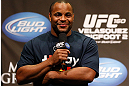 LAS VEGAS, NV - MAY 24:   UFC heavyweight contender and former Oklahoma State and Olympic wrestling standout Daniel Cormier interacts with fans during a Q&A session before the UFC 160 weigh-in at the MGM Grand Garden Arena on May 24, 2013 in Las Vegas, Nevada.  (Photo by Josh Hedges/Zuffa LLC/Zuffa LLC via Getty Images)