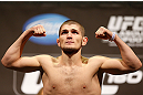 LAS VEGAS, NV - MAY 24:   Khabib Nurmagomedov weighs in during the UFC 160 weigh-in at the MGM Grand Garden Arena on May 24, 2013 in Las Vegas, Nevada.  (Photo by Josh Hedges/Zuffa LLC/Zuffa LLC via Getty Images)
