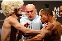 LAS VEGAS, NV - MAY 24:   (L-R) Opponents Khabib Nurmagomedov and Abel Trujillo face off during the UFC 160 weigh-in at the MGM Grand Garden Arena on May 24, 2013 in Las Vegas, Nevada.  (Photo by Josh Hedges/Zuffa LLC/Zuffa LLC via Getty Images)