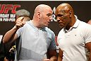 LAS VEGAS, NV - MAY 24:   (L-R) UFC President Dana White and former boxing champion Mike Tyson stand on stage during the UFC 160 weigh-in at the MGM Grand Garden Arena on May 24, 2013 in Las Vegas, Nevada.  (Photo by Josh Hedges/Zuffa LLC/Zuffa LLC via Getty Images)