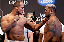LAS VEGAS, NV - MAY 24:   (L-R) Opponents Junior "Cigano" dos Santos and Mark Hunt face off during the UFC 160 weigh-in at the MGM Grand Garden Arena on May 24, 2013 in Las Vegas, Nevada.  (Photo by Josh Hedges/Zuffa LLC/Zuffa LLC via Getty Images)