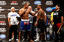 LAS VEGAS, NV - MAY 24:   (L-R) Opponents Junior "Cigano" dos Santos and Mark Hunt face off during the UFC 160 weigh-in at the MGM Grand Garden Arena on May 24, 2013 in Las Vegas, Nevada.  (Photo by Josh Hedges/Zuffa LLC/Zuffa LLC via Getty Images)