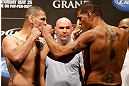 LAS VEGAS, NV - MAY 24:  (L-R) Opponents Cain Velasquez and Antonio "Bigfoot" Silva face off during the UFC 160 weigh-in at the MGM Grand Garden Arena on May 24, 2013 in Las Vegas, Nevada.  (Photo by Josh Hedges/Zuffa LLC/Zuffa LLC via Getty Images)
