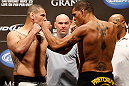 LAS VEGAS, NV - MAY 24:  (L-R) Opponents Cain Velasquez and Antonio "Bigfoot" Silva face off during the UFC 160 weigh-in at the MGM Grand Garden Arena on May 24, 2013 in Las Vegas, Nevada.  (Photo by Josh Hedges/Zuffa LLC/Zuffa LLC via Getty Images)
