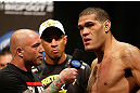 LAS VEGAS, NV - MAY 24:   (R-L) Antonio "Bigfoot" Silva is interviewed by Joe Rogan during the UFC 160 weigh-in at the MGM Grand Garden Arena on May 24, 2013 in Las Vegas, Nevada.  (Photo by Josh Hedges/Zuffa LLC/Zuffa LLC via Getty Images)
