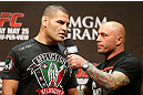 LAS VEGAS, NV - MAY 24:   (L-R) Cain Velasquez is interviewed by Joe Rogan during the UFC 160 weigh-in at the MGM Grand Garden Arena on May 24, 2013 in Las Vegas, Nevada.  (Photo by Josh Hedges/Zuffa LLC/Zuffa LLC via Getty Images)