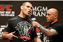 LAS VEGAS, NV - MAY 24:   (L-R) Cain Velasquez is interviewed by Joe Rogan during the UFC 160 weigh-in at the MGM Grand Garden Arena on May 24, 2013 in Las Vegas, Nevada.  (Photo by Josh Hedges/Zuffa LLC/Zuffa LLC via Getty Images)