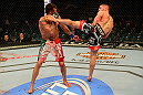 LAS VEGAS, NV - MAY 25:   (R-L) Jeremy Stephens kicks Estevan Payan in their featherweight bout during UFC 160 at the MGM Grand Garden Arena on May 25, 2013 in Las Vegas, Nevada.  (Photo by Donald Miralle/Zuffa LLC/Zuffa LLC via Getty Images)  *** Local Caption *** Jeremy Stephens; Estevan Payan