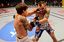 LAS VEGAS, NV - MAY 25:   (R-L) George Roop punches Brian Bowles in their bantamweight bout during UFC 160 at the MGM Grand Garden Arena on May 25, 2013 in Las Vegas, Nevada.  (Photo by Donald Miralle/Zuffa LLC/Zuffa LLC via Getty Images)  *** Local Caption *** Brian Bowles; George Roop
