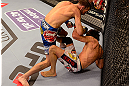 LAS VEGAS, NV - MAY 25:   George Roop (top) punches Brian Bowles in their bantamweight bout during UFC 160 at the MGM Grand Garden Arena on May 25, 2013 in Las Vegas, Nevada.  (Photo by Donald Miralle/Zuffa LLC/Zuffa LLC via Getty Images)  *** Local Caption *** Brian Bowles; George Roop