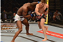LAS VEGAS, NV - MAY 25:   (R-L) Stephen Thompson punches Nah-Shon Burrell in their welterweight bout during UFC 160 at the MGM Grand Garden Arena on May 25, 2013 in Las Vegas, Nevada.  (Photo by Donald Miralle/Zuffa LLC/Zuffa LLC via Getty Images)  *** Local Caption *** Stephen Thompson; Nah-Shon Burrell