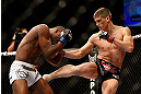 LAS VEGAS, NV - MAY 25:   (R-L) Stephen Thompson kicks Nah-Shon Burrell in their welterweight bout during UFC 160 at the MGM Grand Garden Arena on May 25, 2013 in Las Vegas, Nevada.  (Photo by Josh Hedges/Zuffa LLC/Zuffa LLC via Getty Images)  *** Local Caption *** Stephen Thompson; Nah-Shon Burrell