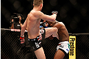 LAS VEGAS, NV - MAY 25:   Stephen Thompson (left) kicks Nah-Shon Burrell in their welterweight bout during UFC 160 at the MGM Grand Garden Arena on May 25, 2013 in Las Vegas, Nevada.  (Photo by Josh Hedges/Zuffa LLC/Zuffa LLC via Getty Images)  *** Local Caption *** Stephen Thompson; Nah-Shon Burrell