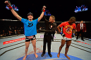 LAS VEGAS, NV - MAY 25:   Stephen Thompson (left) reacts to his victory over Nah-Shon Burrell in their welterweight bout during UFC 160 at the MGM Grand Garden Arena on May 25, 2013 in Las Vegas, Nevada.  (Photo by Donald Miralle/Zuffa LLC/Zuffa LLC via Getty Images)  *** Local Caption *** Stephen Thompson; Nah-Shon Burrell