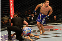 LAS VEGAS, NV - MAY 25:   Robert Whittaker (right) reacts to his knockout victory of Colton Smith in their welterweight bout during UFC 160 at the MGM Grand Garden Arena on May 25, 2013 in Las Vegas, Nevada.  (Photo by Donald Miralle/Zuffa LLC/Zuffa LLC via Getty Images)  *** Local Caption *** Colton Smith; Robert Whittaker