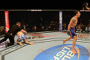 LAS VEGAS, NV - MAY 25:   Robert Whittaker (right) reacts to his knockout victory of Colton Smith in their welterweight bout during UFC 160 at the MGM Grand Garden Arena on May 25, 2013 in Las Vegas, Nevada.  (Photo by Donald Miralle/Zuffa LLC/Zuffa LLC via Getty Images)  *** Local Caption *** Colton Smith; Robert Whittaker