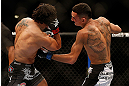 LAS VEGAS, NV - MAY 25:   (R-L) Max Holloway punches Dennis Bermudez in their featherweight bout during UFC 160 at the MGM Grand Garden Arena on May 25, 2013 in Las Vegas, Nevada.  (Photo by Josh Hedges/Zuffa LLC/Zuffa LLC via Getty Images)  *** Local Caption *** Dennis Bermudez; Max Holloway