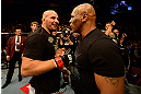 LAS VEGAS, NV - MAY 25:   (R-L) Former professional boxer Mike Tyson congratulates Glover Teixeira in his victory over James Te-Huna in their light heavyweight bout during UFC 160 at the MGM Grand Garden Arena on May 25, 2013 in Las Vegas, Nevada.  (Photo by Donald Miralle/Zuffa LLC/Zuffa LLC via Getty Images)  *** Local Caption *** Glover Teixeira; Mike Tyson