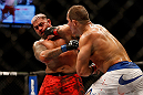 LAS VEGAS, NV - MAY 25:   (R-L) Junior dos Santos punches Mark Hunt in their heavyweight bout during UFC 160 at the MGM Grand Garden Arena on May 25, 2013 in Las Vegas, Nevada.  (Photo by Josh Hedges/Zuffa LLC/Zuffa LLC via Getty Images)  *** Local Caption *** Junior dos Santos; Mark Hunt