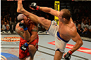 LAS VEGAS, NV - MAY 25:   (R-L) Junior dos Santos kicks Mark Hunt in their heavyweight bout during UFC 160 at the MGM Grand Garden Arena on May 25, 2013 in Las Vegas, Nevada.  (Photo by Donald Miralle/Zuffa LLC/Zuffa LLC via Getty Images)  *** Local Caption *** Junior dos Santos; Mark Hunt