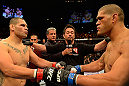LAS VEGAS, NV - MAY 25:   (L-R) Cain Velasquez and Antonio Silva touch gloves before their heavyweight championship bout during UFC 160 at the MGM Grand Garden Arena on May 25, 2013 in Las Vegas, Nevada.  (Photo by Donald Miralle/Zuffa LLC/Zuffa LLC via Getty Images)  *** Local Caption *** Cain Velasquez; Antonio Silva