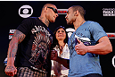 FORTALEZA, BRAZIL - JUNE 06:  (L-R) Opponents Thiago Silva and Rafael "Feijao" Cavalcante face off at Centro de Eventos do Ceara on June 6, 2013 in Fortaleza, Ceara, Brazil.  (Photo by Josh Hedges/Zuffa LLC/Zuffa LLC via Getty Images)