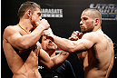 FORTALEZA, BRAZIL - JUNE 07:  (L-R) Opponents Caio Magalhaes and Karlos Vemola face off during the UFC weigh-in at Paulo Sarasate Arena on June 7, 2013 in Fortaleza, Ceara, Brazil.  (Photo by Josh Hedges/Zuffa LLC/Zuffa LLC via Getty Images)