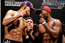 FORTALEZA, BRAZIL - JUNE 07:  (L-R) Opponents Ildemar Alcantara and Leandro Silva face off during the UFC weigh-in at Paulo Sarasate Arena on June 7, 2013 in Fortaleza, Ceara, Brazil.  (Photo by Josh Hedges/Zuffa LLC/Zuffa LLC via Getty Images)