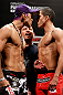 FORTALEZA, BRAZIL - JUNE 07:  (L-R) Opponents Godofredo "Pepey" Castro and Felipe Arantes face off during the UFC weigh-in at Paulo Sarasate Arena on June 7, 2013 in Fortaleza, Ceara, Brazil.  (Photo by Josh Hedges/Zuffa LLC/Zuffa LLC via Getty Images)