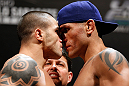 FORTALEZA, BRAZIL - JUNE 07:  (L-R) Opponents Daniel Sarafian and Eddie Mendez face off during the UFC weigh-in at Paulo Sarasate Arena on June 7, 2013 in Fortaleza, Ceara, Brazil.  (Photo by Josh Hedges/Zuffa LLC/Zuffa LLC via Getty Images)