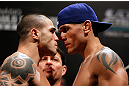 FORTALEZA, BRAZIL - JUNE 07:  (L-R) Opponents Daniel Sarafian and Eddie Mendez face off during the UFC weigh-in at Paulo Sarasate Arena on June 7, 2013 in Fortaleza, Ceara, Brazil.  (Photo by Josh Hedges/Zuffa LLC/Zuffa LLC via Getty Images)