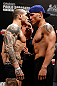 FORTALEZA, BRAZIL - JUNE 07:  (L-R) Opponents Daniel Sarafian and Eddie Mendez face off during the UFC weigh-in at Paulo Sarasate Arena on June 7, 2013 in Fortaleza, Ceara, Brazil.  (Photo by Josh Hedges/Zuffa LLC/Zuffa LLC via Getty Images)