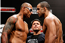 FORTALEZA, BRAZIL - JUNE 07:  (L-R) Opponents Thiago Silva and Rafael "Feijao" Cavalcante face off during the UFC weigh-in at Paulo Sarasate Arena on June 7, 2013 in Fortaleza, Ceara, Brazil.  (Photo by Josh Hedges/Zuffa LLC/Zuffa LLC via Getty Images)
