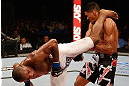 FORTALEZA, BRAZIL - JUNE 08:  (L-R) Leandro Silva kicks Ildemar Alcantara in their welterweight fight during the UFC on FUEL TV event at Paulo Sarasate Arena on June 8, 2013 in Fortaleza, Ceara, Brazil.  (Photo by Josh Hedges/Zuffa LLC/Zuffa LLC via Getty Images)